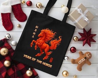 Year of the Horse Tote Bag, Chinese New Year 2026 Bag, Flaming Horse Zodiac Canvas Tote, Lunar New Year Gift, Reusable Eco Bag