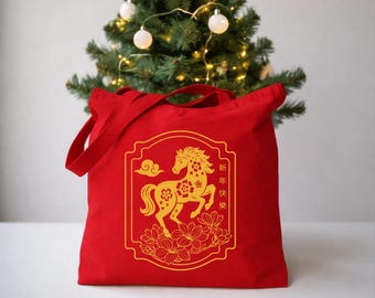 Lunar Fire Horse New Year Cotton Tote Bag:  Chinese Zodiac Culture Gift Tote,Year of Horse 2026