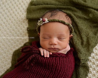 Burgundy Red Swaddle Sack & Olive Green Stretch Knit Wrap SET, Newborn Baby Photography Props, Posing Layers, Swaddle Wrap, Backdrop Fabric