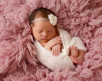 SET Off White Mohair Knit Baby Wrap and Flower Headband Newborn Photography