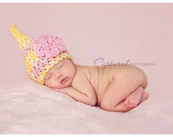 Pink Yellow Newborn Baby Gnome Hat with Flower