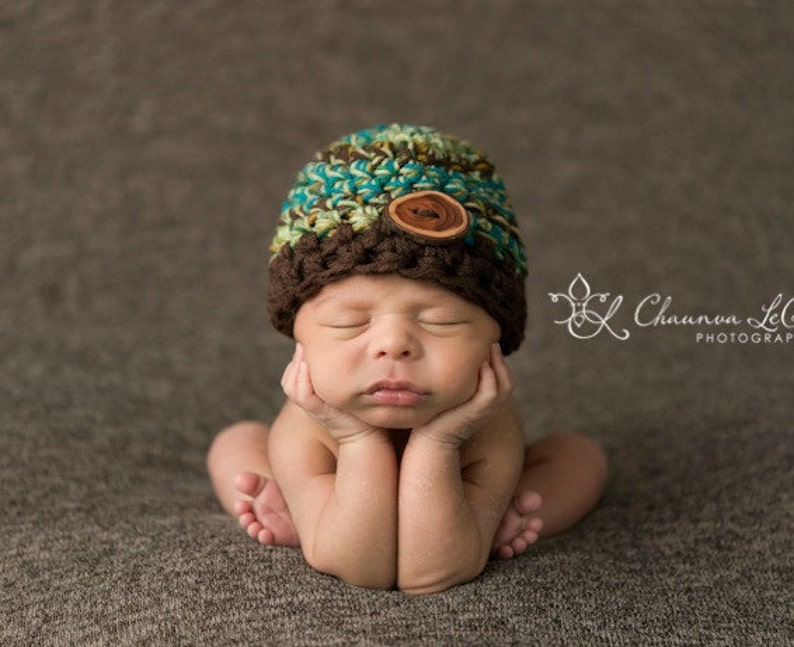 Newborn Baby Beanie Hat Brown Green Blue image 1
