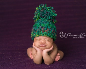 Teal Rainbow Pom Hat Purple Yellow Green Newborn Photography