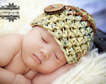 Newborn Beanie Hat in Greens Browns