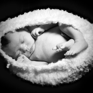 May include: A newborn baby sleeping soundly in a white fluffy nest. The baby is curled up with their arms and legs tucked in, and their face is relaxed.