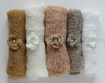 SET White Gold Tones Mohair Knit Baby Wrap and Headband CHOOSE COLORS