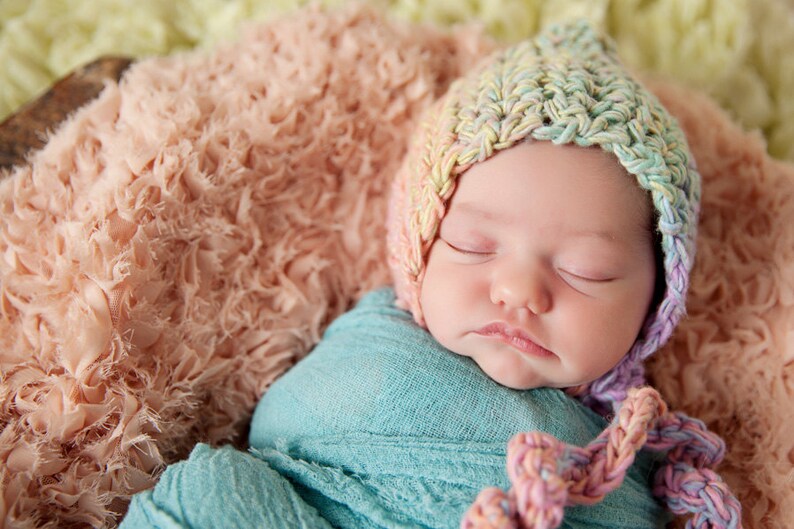 Newborn Curly Bonnet Hat Photo Prop Pink Blue Purple Green image 1