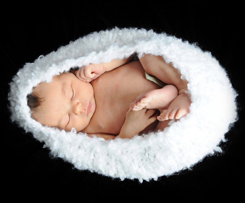 May include: A newborn baby sleeping peacefully in a white crocheted nest. The baby is curled up with their arms and legs tucked in, and their face is serene.