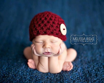 Red Newborn Big Button Beanie Hat
