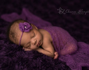 SET Purple Mohair Knit Baby Wrap and Headband Newborn Photography
