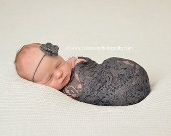 Charcoal Gray Grey Stretch Lace Wrap Newborn Photography Prop Baby Swaddle