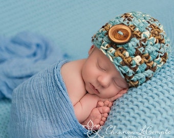 Little Man Newborn Beanie Hat in Blues and Browns