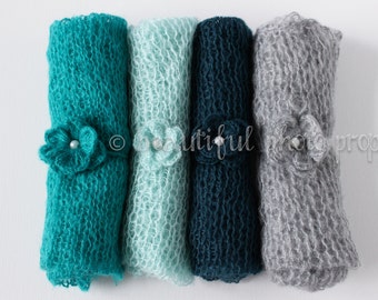 SET Teal Aqua Gray Tones Mohair Knit Baby Wrap and Headband CHOOSE COLORS