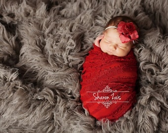 Red Ruffle Stretch Fabric Wrap and Floral Headband SET, Newborn Photography Props, Baby Wrap, Posing Layer, Ruffle Swaddle, Photo Prop Set
