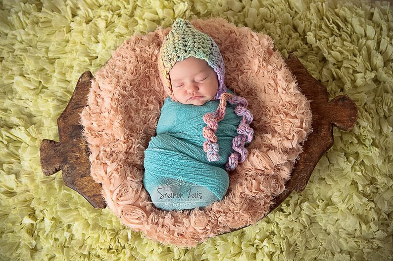 Newborn Curly Bonnet Hat Photo Prop Pink Blue Purple Green image 2