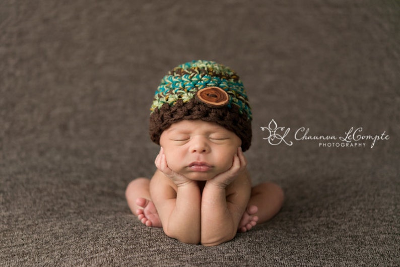 Newborn Baby Beanie Hat Brown Green Blue image 3