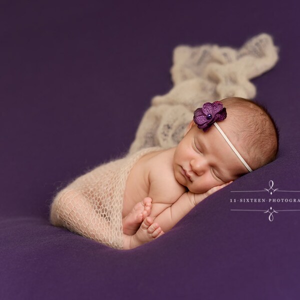 Beige Mohair Knit Baby Wrap & Purple Flower Headband SET, Newborn Photography Props, Posing Layer, Swaddle Wrap, Backdrop Fabric, Photo Prop