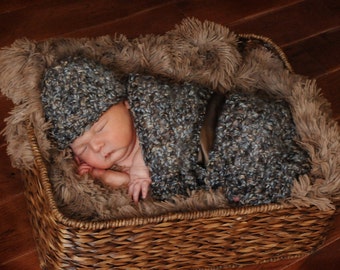 Chunky Newborn Cocoon Hat Set in Browns Blues
