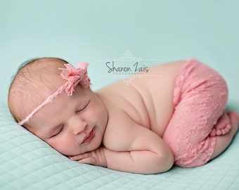 Rose Pink Lace Pants and Lace Bow Mohair Headband Newborn Photography Prop