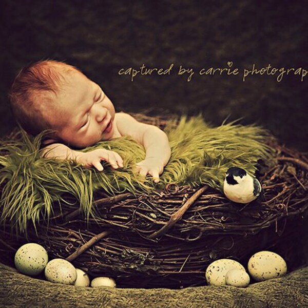 Wood Branch Nest & Olive Faux Fur SET | Newborn Photography Props | Owl Nest, Bird Nest, Baby Nest, Fur Fabric Layer, Newborn Photo Props