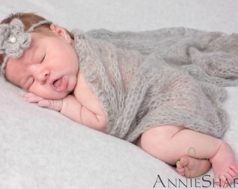 SET Light Gray Mohair Knit Baby Wrap and Headband Newborn Photography