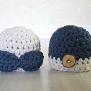 Denim Blue and Cream Button & Bow Hats SET, Newborn Photography Props, Twin Photo Props, Crochet Beanies, Baby Clothing, Photo Prop Set