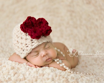 Newborn Cloche Flower Hat Red Cream Chunky