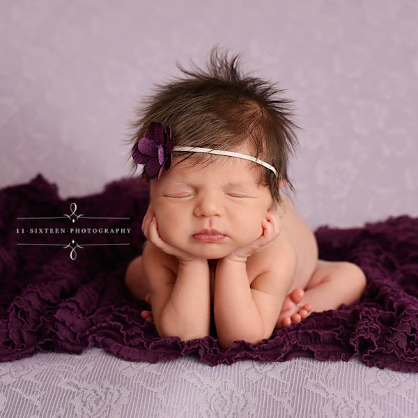 SET Eggplant Purple Ruffle Wrap and Flower Headband Newborn Photography Prop