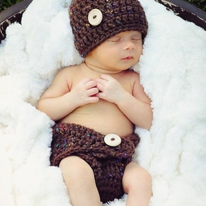 Brown Tweed Hat & Diaper Cover, Newborn Photography Props, Baby Diaper, Crochet Cap, Button Hat, Chunky Newborn Clothing, Baby Photo Props image 1