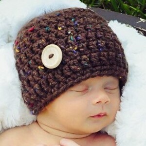 Brown Tweed Hat & Diaper Cover, Newborn Photography Props, Baby Diaper, Crochet Cap, Button Hat, Chunky Newborn Clothing, Baby Photo Props image 2