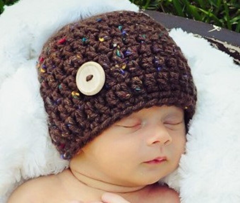Brown Tweed Hat & Diaper Cover, Newborn Photography Props, Baby Diaper, Crochet Cap, Button Hat, Chunky Newborn Clothing, Baby Photo Props image 2