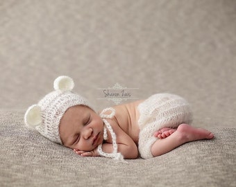 Cream Mohair Teddy Bear Hat and Shorts Set Newborn Baby Photography Prop