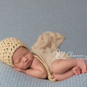 Macadamia Cotton Baby Bonnet Hat & Cream Stretch Knit Wrap SET, Newborn Photography Props, Posing Layers, Swaddle Wrap, Backdrop Fabric