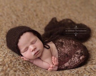 Dark Brown Sunflower Mohair Knit Baby Wrap Newborn Photography