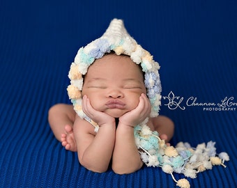 Bonnet Hat Newborn White Yellow Blue Pom Hat