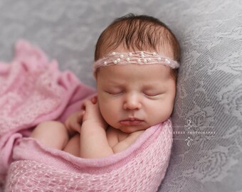 Pink Mohair Knit Baby Wrap & Tiny Pearl Headband SET, Newborn Photography Prop, Posing Layer, Swaddle Wrap, Backdrop Fabric, Baby Photo Prop