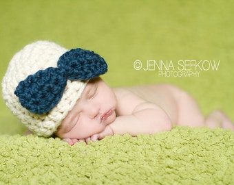 Bow Hat Newborn Photography Prop Denim Blue Cream