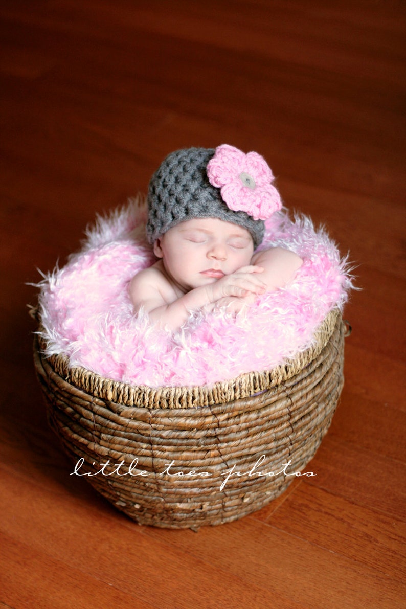 Newborn Baby Beanie Hat in Grey Pink Flower Etsy