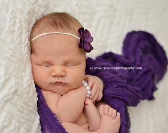 Purple Cheesecloth Wrap & Flower Headband SET, Newborn Photography Props, Posing Layers, Baby Swaddle Wrap, Backdrop Fabric, Photo Prop Set