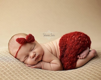 Burgundy Red Mohair Skirt and Headband Set Newborn Baby Photography Prop