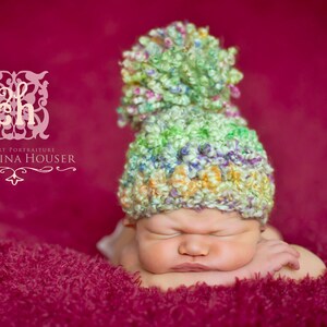 Rainbow Pom Pom Hat Lime Green Red Yellow Purple