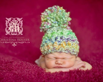 Rainbow Pom Pom Hat Lime Green Red Yellow Purple