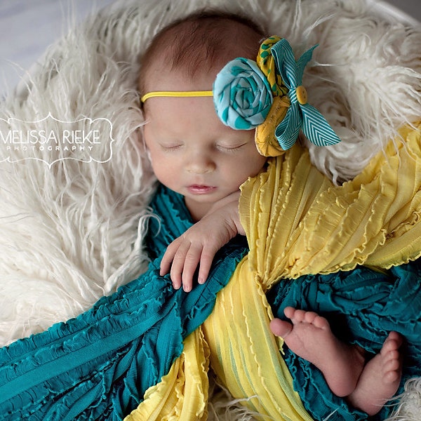 Teal Blue & Yellow Ruffle Wraps SET, Newborn Photography Props, Posing Layers, Swaddle Wrap, Backdrop Fabric, Baby Photo Props, Baby Blanket