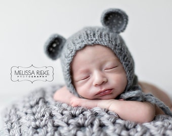 Gray Teddy Bear Mohair Baby Hat Newborn Photography Prop