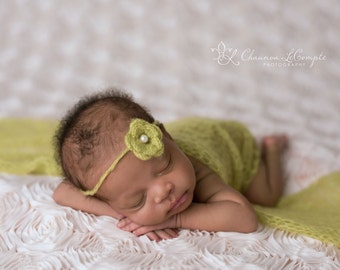 SET Lemongrass Green Mohair Knit Baby Wrap and Headband Newborn Photography
