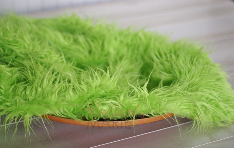 Lime Green Mongolian Faux Fur Rug Nest Photography Photo Prop 27x20 Newborn Baby Toddler Mat Backdrop Floordrop image 4