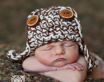 Brown White AVIATOR Bomber Hat Newborn Baby