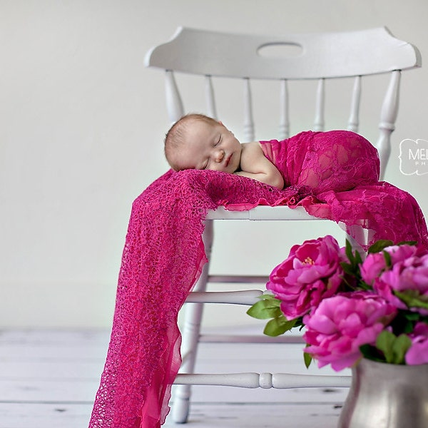 Hot Pink Stretch Lace, Ruffle, & Fishnet Knit Wraps SET, Newborn Photography Props, Posing Layers, Swaddle Wrap, Backdrop Fabric, Photo Prop