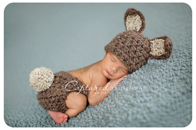 Baby Girl Easter Bunny Crochet Hat & Diaper Cover Set – Gray, 0-6 Months, Photo Prop