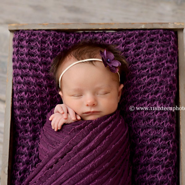 SET Ruffle Stretch Fabric Layer Wrap and Headband Eggplant Purple Newborn Photography Prop